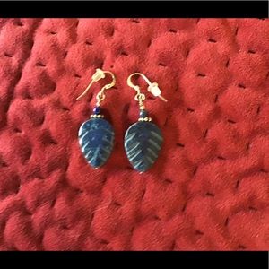 EARRINGS. BLUE GEMSTONE, STERLING SILVER HOOKS.